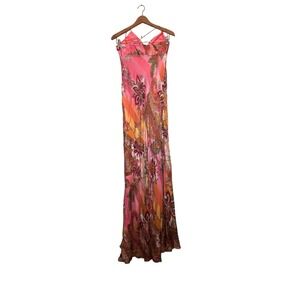VTG Cache 100% Silk Vibrant Pink Orange Floral Paisley Beaded Maxi Slip Dress 10